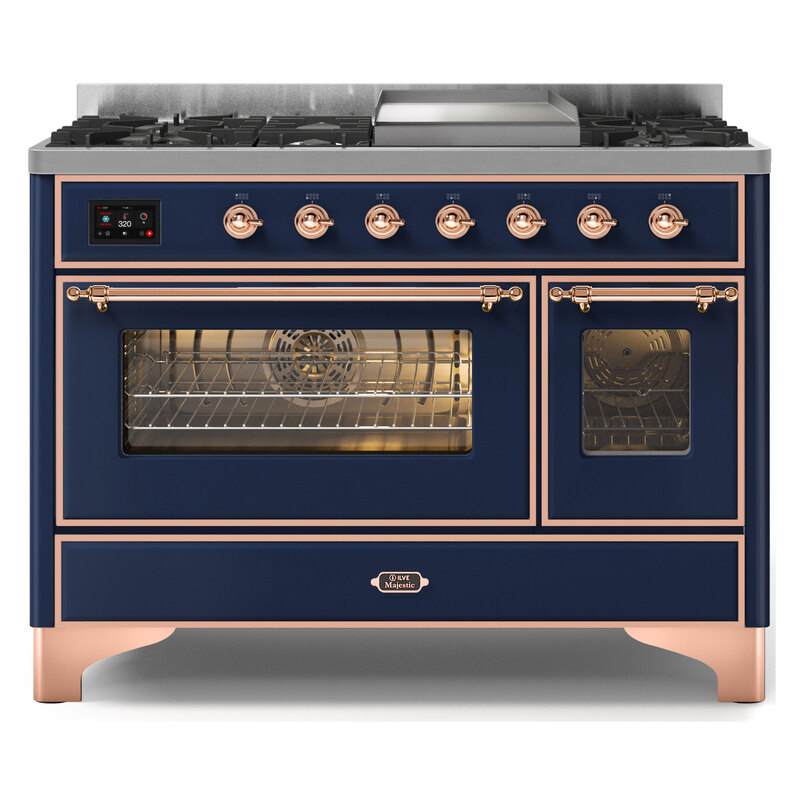 ILVE UM12FDNS3MBPLP Majestic II 48" Dual Fuel Range (Liquid Propane, Triple Glass Door, Midnight Blue, Copper)