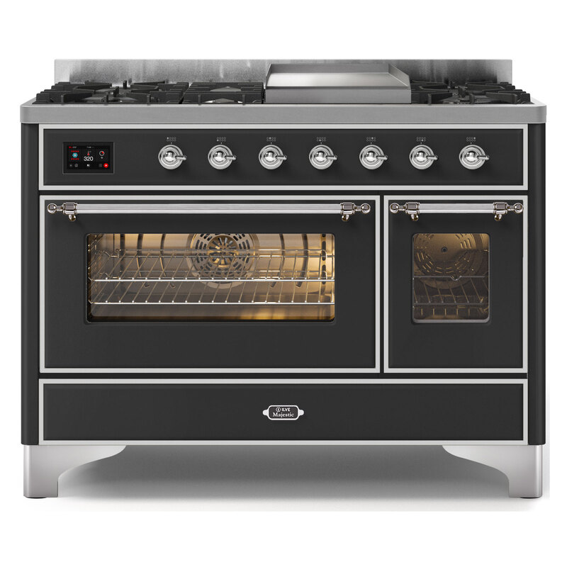 ILVE UM12FDNS3MGCLP Majestic II 48" Dual Fuel Range (Liquid Propane, Triple Glass Door, Graphite Matte, Chrome)