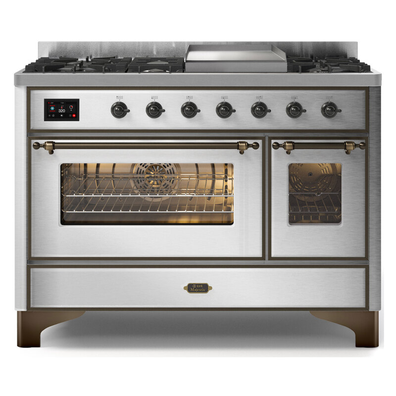 ILVE UM12FDNS3SSBLP Majestic II 48" Dual Fuel Range (Liquid Propane, Triple Glass Door, Stainless Steel, Burnished)