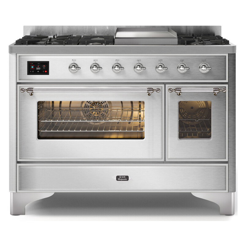 ILVE UM12FDNS3SSCLP Majestic II 48" Dual Fuel Range (Liquid Propane, Triple Glass Door, Stainless Steel, Chrome)