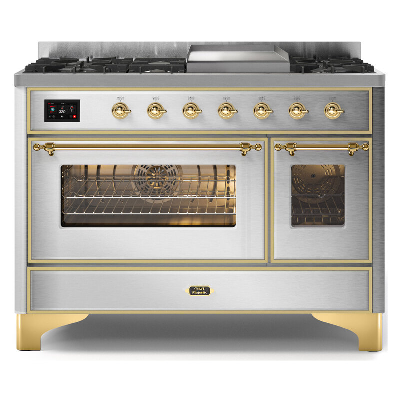 ILVE UM12FDNS3SSGLP Majestic II 48" Dual Fuel Range (Liquid Propane, Triple Glass Door, Stainless Steel, Brass)