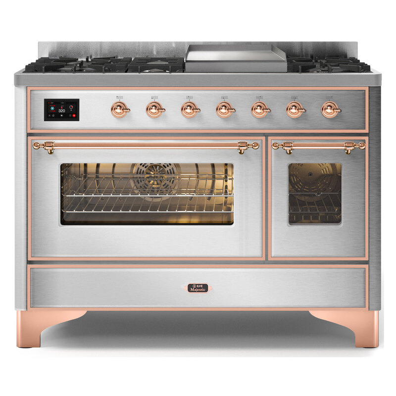 ILVE UM12FDNS3SSPLP Majestic II 48" Dual Fuel Range (Liquid Propane, Triple Glass Door, Stainless Steel, Copper)