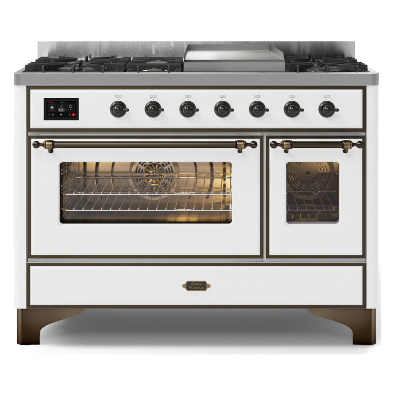 ILVE UM12FDNS3WHBLP Majestic II 48" Dual Fuel Range (Liquid Propane, Triple Glass Door, White, Burnished)