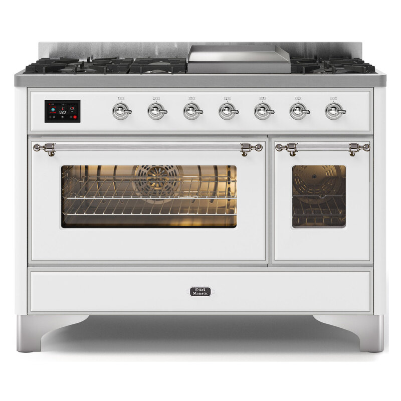 ILVE UM12FDNS3WHCLP Majestic II 48" Dual Fuel Range (Liquid Propane, Triple Glass Door, White, Chrome)