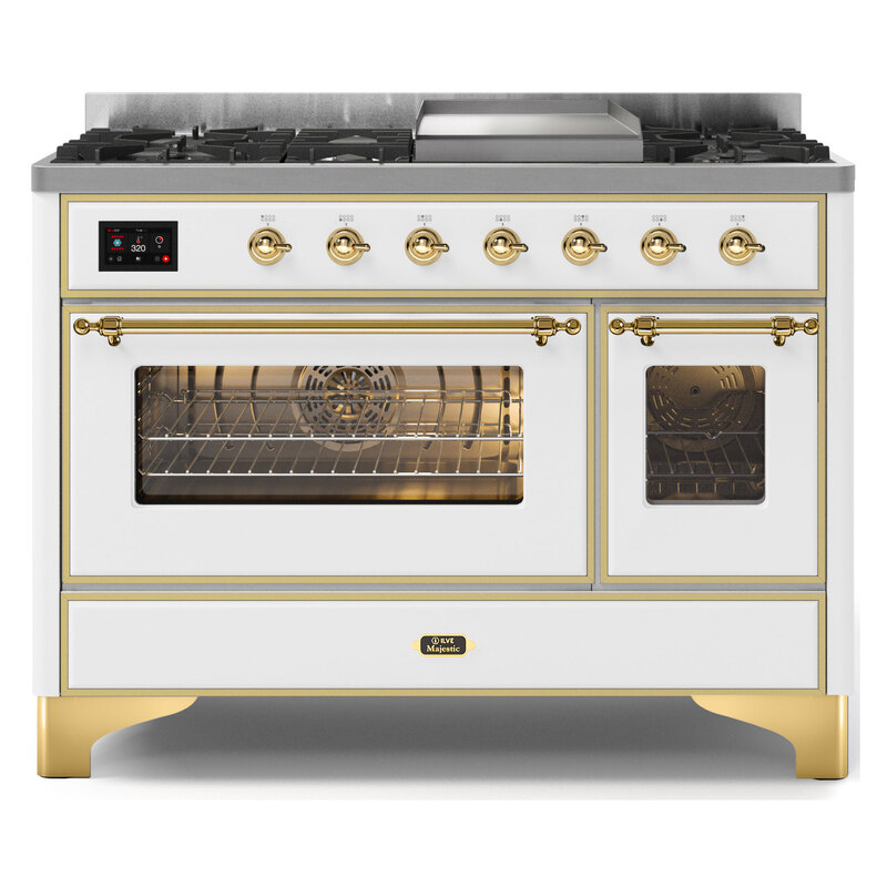 ILVE UM12FDNS3WHGLP Majestic II 48" Dual Fuel Range (Liquid Propane, Triple Glass Door, White, Brass)