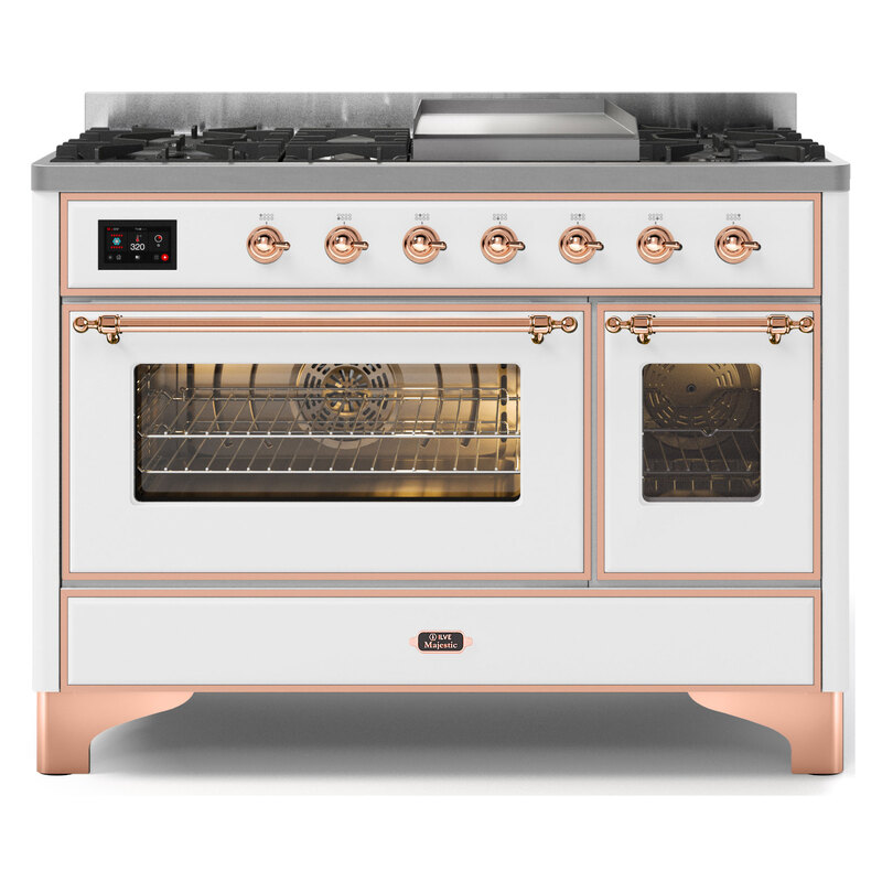 ILVE UM12FDNS3WHPLP Majestic II 48" Dual Fuel Range (Liquid Propane, Triple Glass Door, White, Copper)