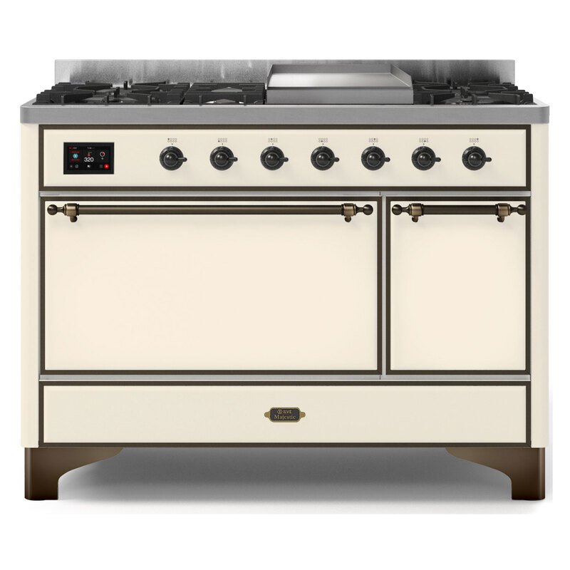 ILVE UM12FDQNS3AWBLP Majestic II 48" Dual Fuel Range (Liquid Propane, Solid Door, Antique White, Burnished)