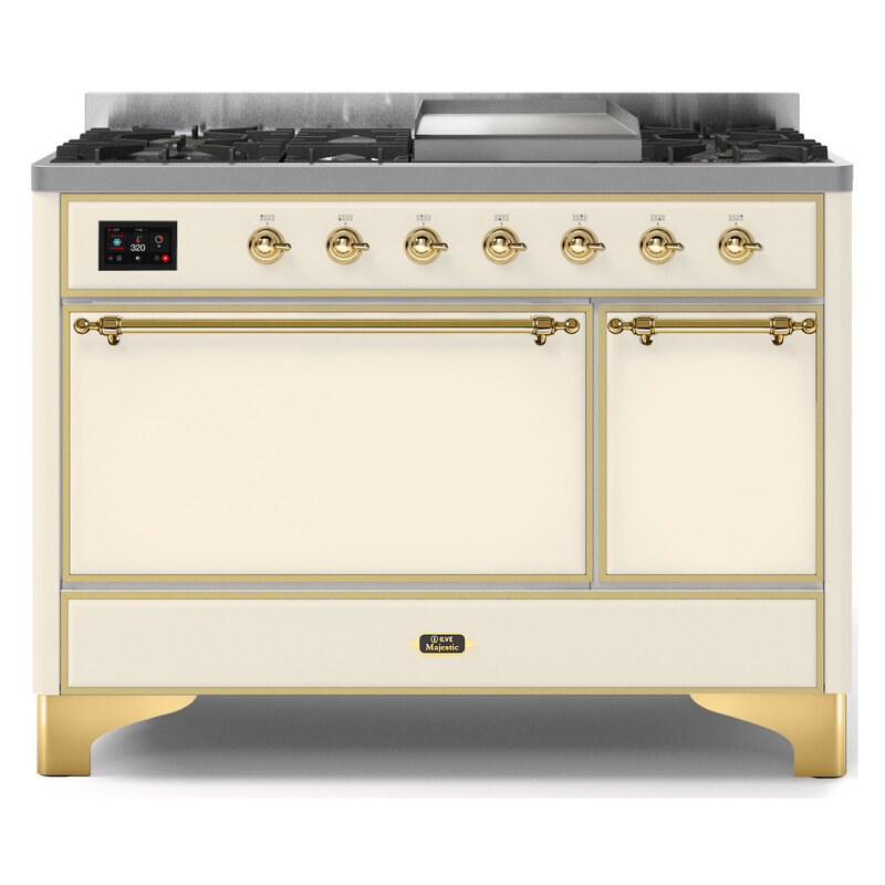 ILVE UM12FDQNS3AWGLP Majestic II 48" Dual Fuel Range (Liquid Propane, Solid Door, Antique White, Brass)