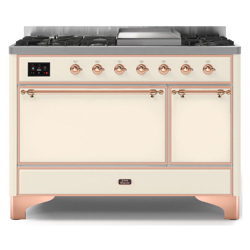 ILVE UM12FDQNS3AWPLP Majestic II 48" Dual Fuel Range (Liquid Propane, Solid Door, Antique White, Copper)