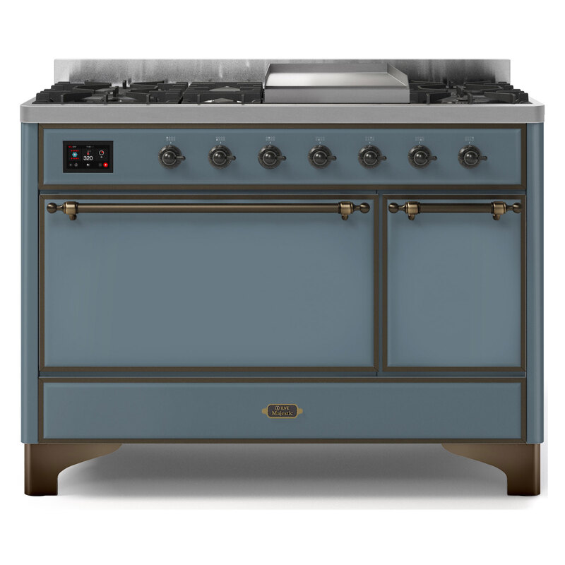 ILVE UM12FDQNS3BGBLP Majestic II 48" Dual Fuel Range (Liquid Propane, Solid Door, Blue Grey, Burnished)