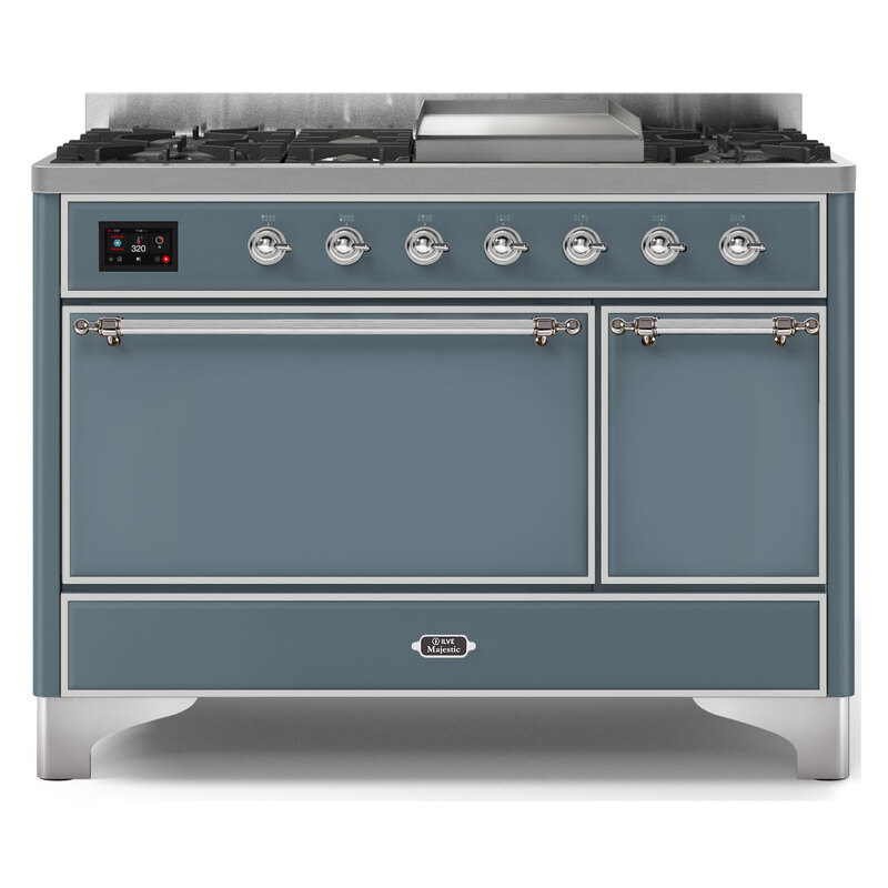 ILVE UM12FDQNS3BGCLP Majestic II 48" Dual Fuel Range (Liquid Propane, Solid Door, Blue Grey, Chrome)