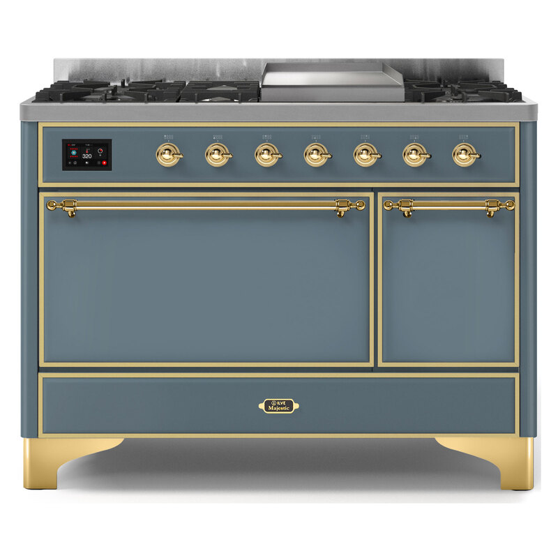 ILVE UM12FDQNS3BGGLP Majestic II 48" Dual Fuel Range (Liquid Propane, Solid Door, Blue Grey, Brass)