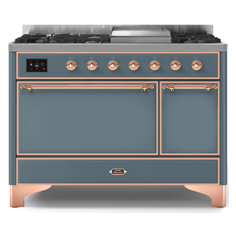 ILVE UM12FDQNS3BGPLP Majestic II 48" Dual Fuel Range (Liquid Propane, Solid Door, Blue Grey, Copper)