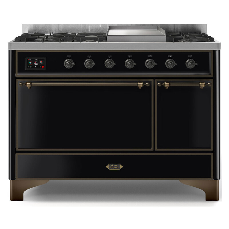 ILVE UM12FDQNS3BKBLP Majestic II 48" Dual Fuel Range (Liquid Propane, Solid Door, Glossy Black, Burnished)