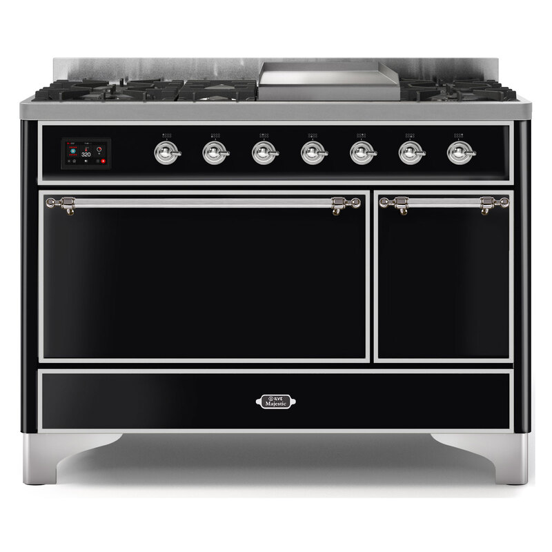 ILVE UM12FDQNS3BKCLP Majestic II 48" Dual Fuel Range (Liquid Propane, Solid Door, Glossy Black, Chrome)