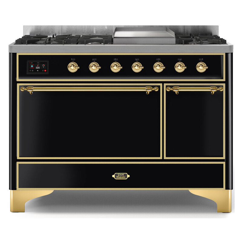 ILVE UM12FDQNS3BKGLP Majestic II 48" Dual Fuel Range (Liquid Propane, Solid Door, Glossy Black, Brass)