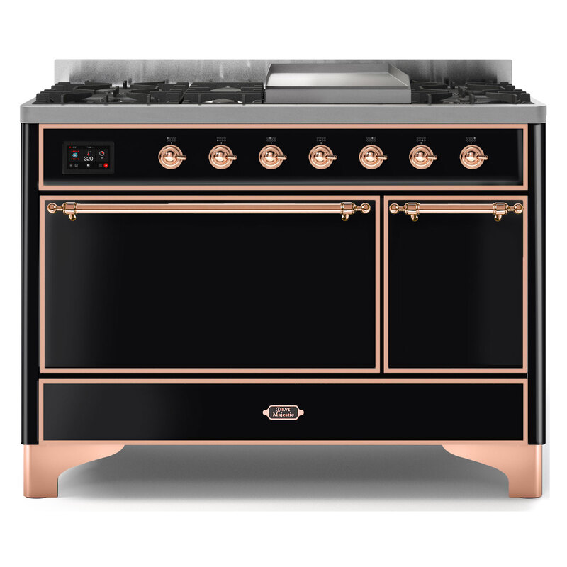 ILVE UM12FDQNS3BKPLP Majestic II 48" Dual Fuel Range (Liquid Propane, Solid Door, Glossy Black, Copper)