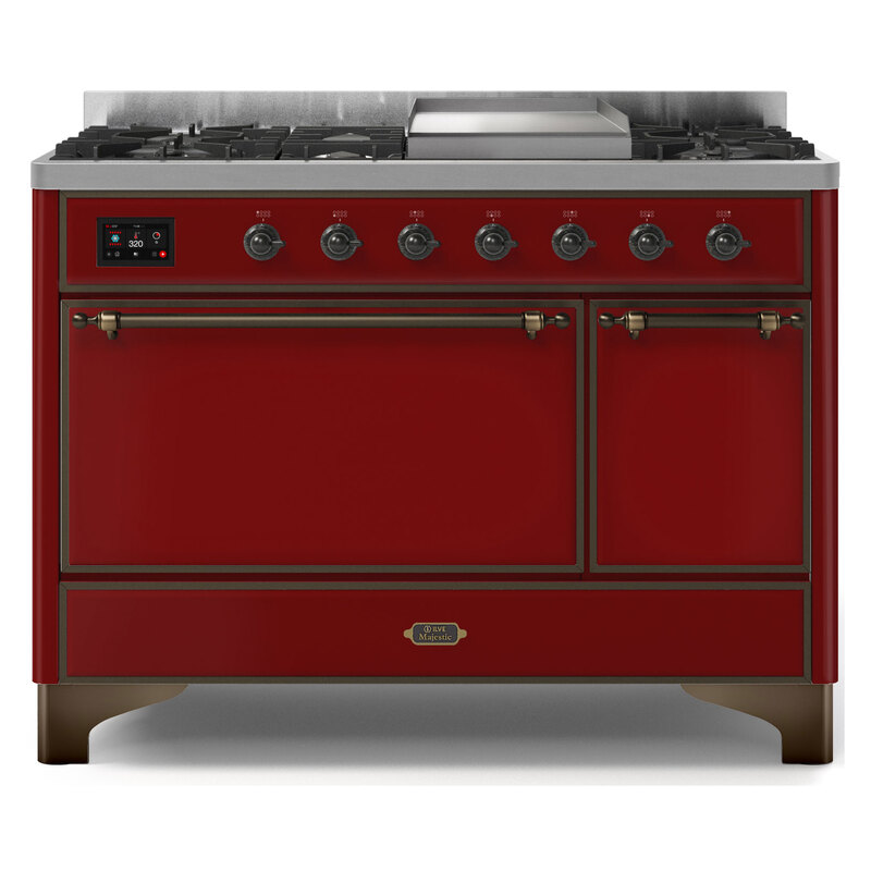 ILVE UM12FDQNS3BUB Majestic II 48" Dual Fuel Range (Natural Gas, Solid Door, Burgundy, Burnished)