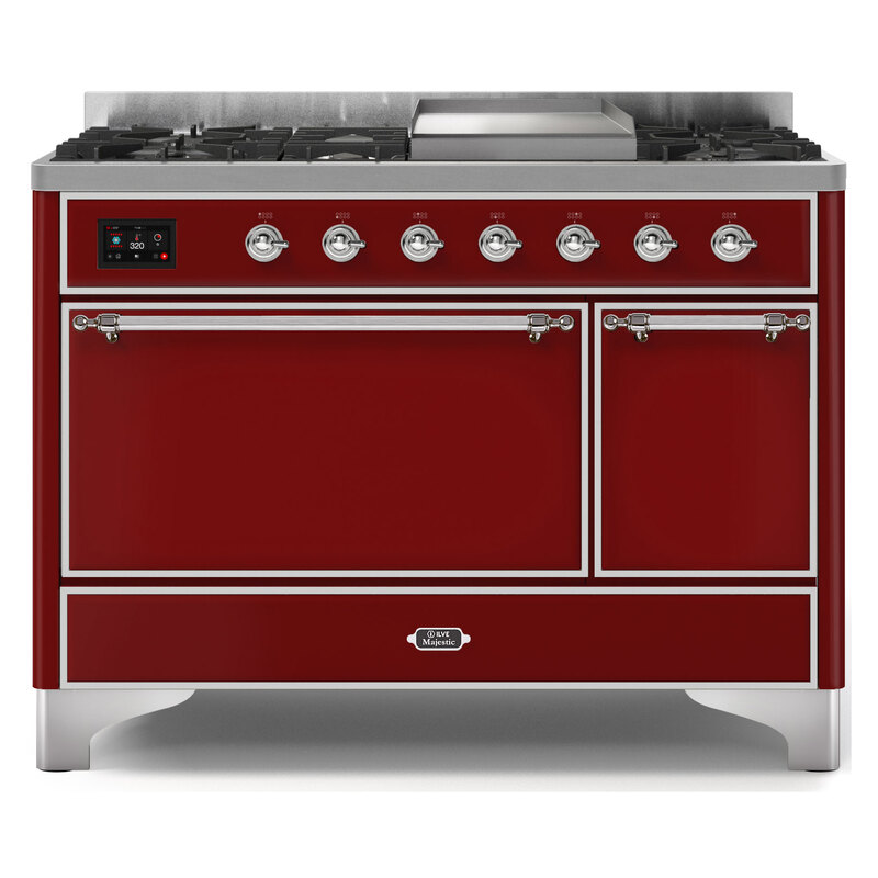 ILVE UM12FDQNS3BUCLP Majestic II 48" Dual Fuel Range (Liquid Propane, Solid Door, Burgundy, Chrome)