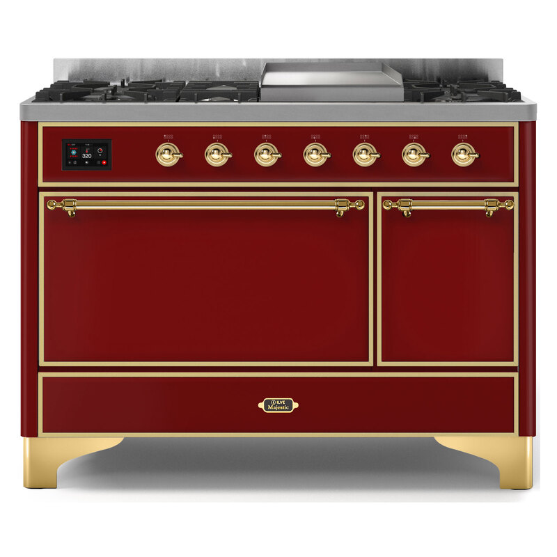 ILVE UM12FDQNS3BUGLP Majestic II 48" Dual Fuel Range (Liquid Propane, Solid Door, Burgundy, Brass)