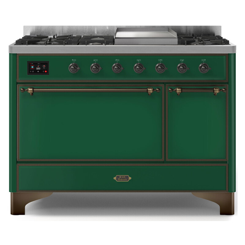 ILVE UM12FDQNS3EGBLP Majestic II 48" Dual Fuel Range (Liquid Propane, Solid Door, Emerald Green, Burnished)