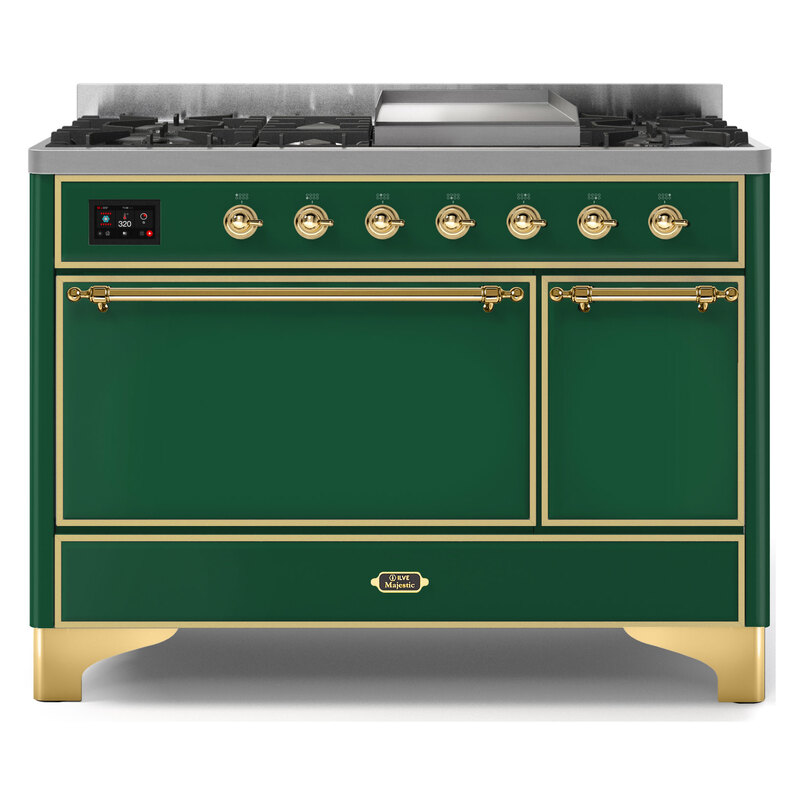 ILVE UM12FDQNS3EGGLP Majestic II 48" Dual Fuel Range (Liquid Propane, Solid Door, Emerald Green, Brass)