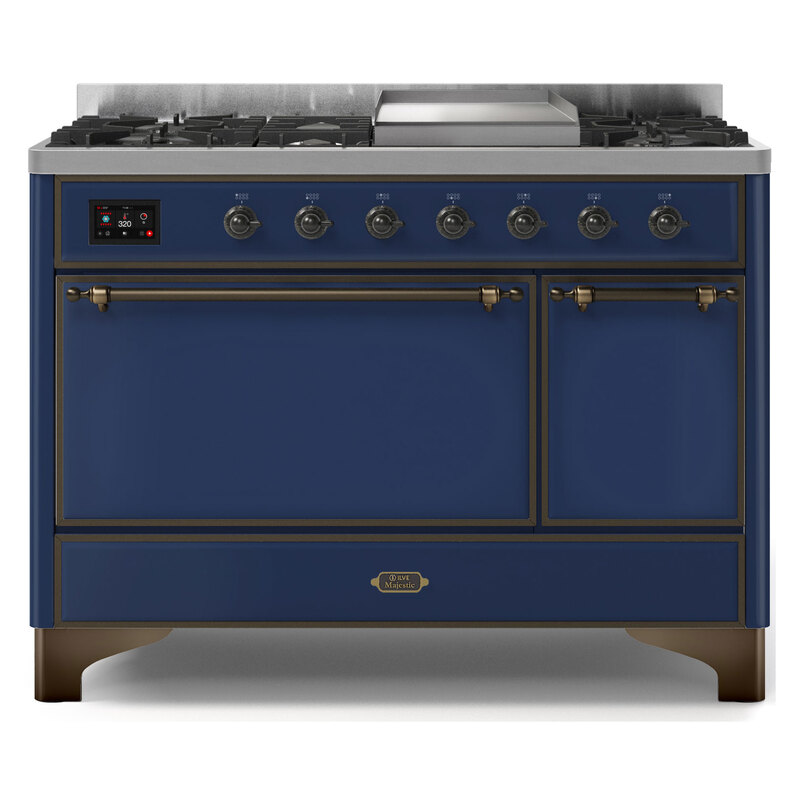 ILVE UM12FDQNS3MBBLP Majestic II 48" Dual Fuel Range (Liquid Propane, Solid Door, Midnight Blue, Burnished)