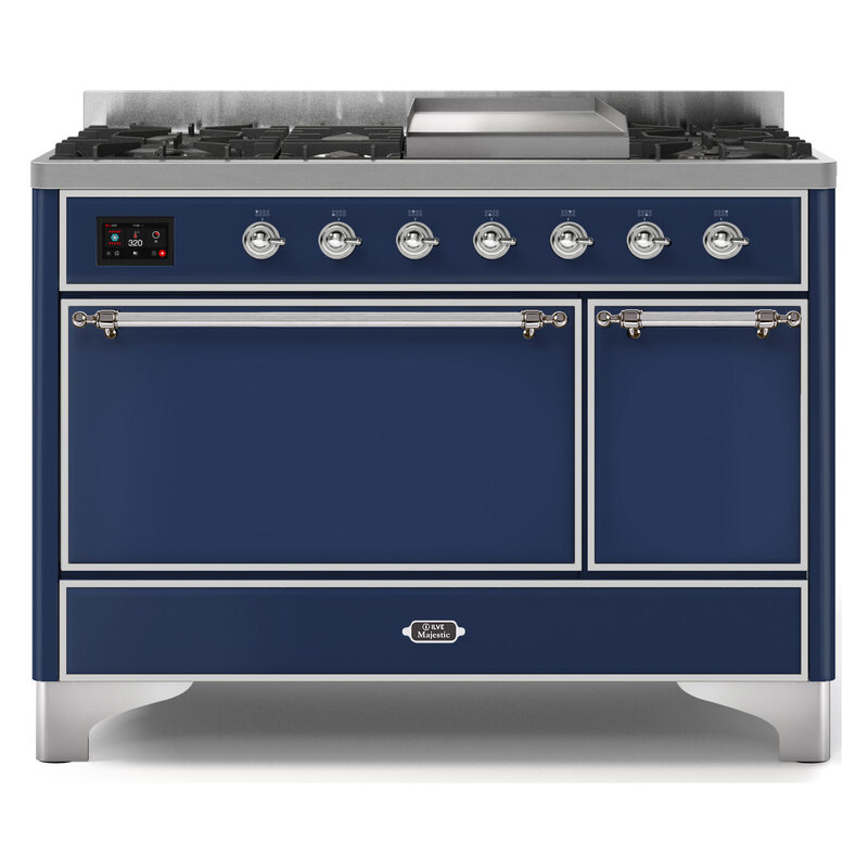 ILVE UM12FDQNS3MBCLP Majestic II 48" Dual Fuel Range (Liquid Propane, Solid Door, Midnight Blue, Chrome)