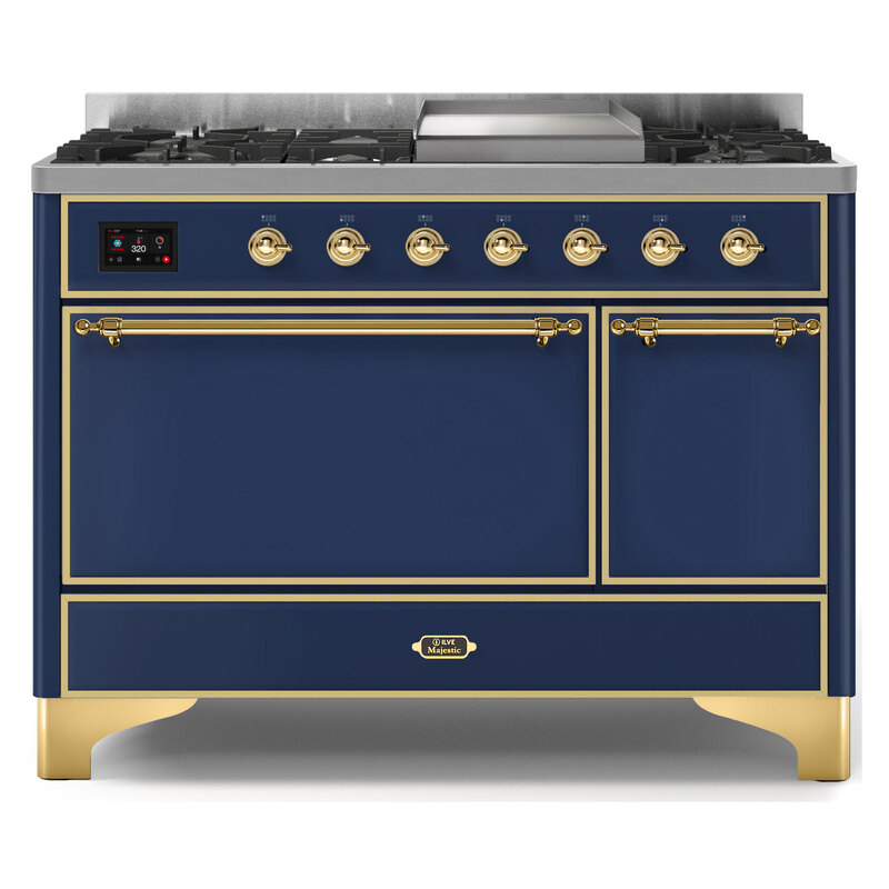 ILVE UM12FDQNS3MBGLP Majestic II 48" Dual Fuel Range (Liquid Propane, Solid Door, Midnight Blue, Brass)