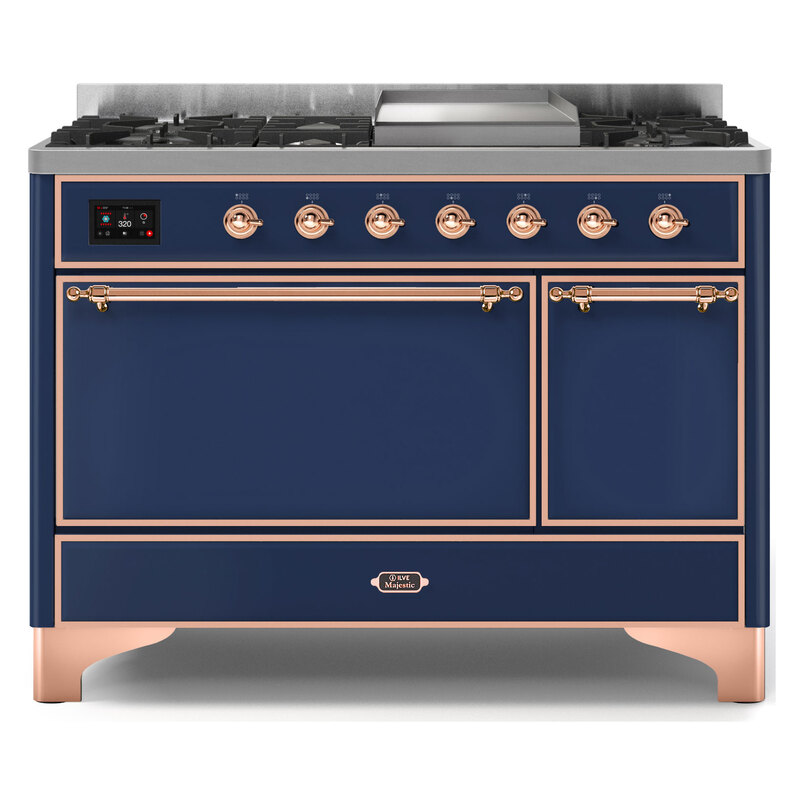 ILVE UM12FDQNS3MBPLP Majestic II 48" Dual Fuel Range (Liquid Propane, Solid Door, Midnight Blue, Copper)