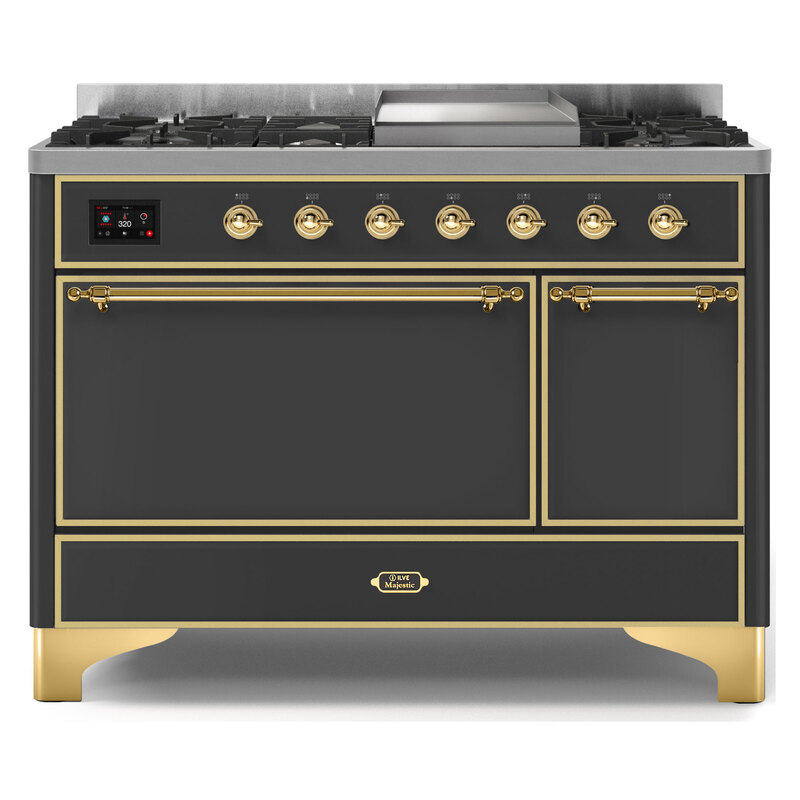 ILVE UM12FDQNS3MGGLP Majestic II 48" Dual Fuel Range (Liquid Propane, Solid Door, Graphite Matte, Brass)