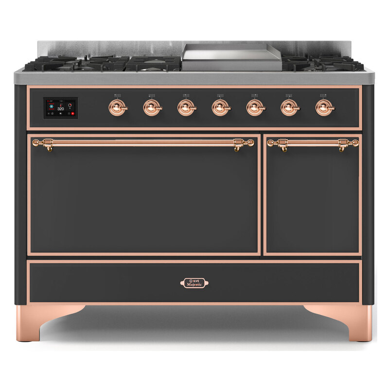 ILVE UM12FDQNS3MGPLP Majestic II 48" Dual Fuel Range (Liquid Propane, Solid Door, Graphite Matte, Copper)