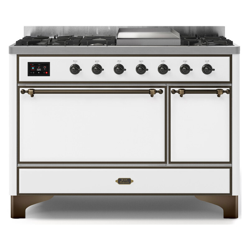 ILVE UM12FDQNS3WHBLP Majestic II 48" Dual Fuel Range (Liquid Propane, Solid Door, White, Burnished)