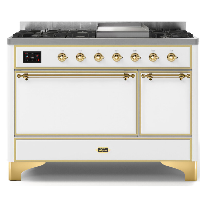 ILVE UM12FDQNS3WHGLP Majestic II 48" Dual Fuel Range (Liquid Propane, Solid Door, White, Brass)