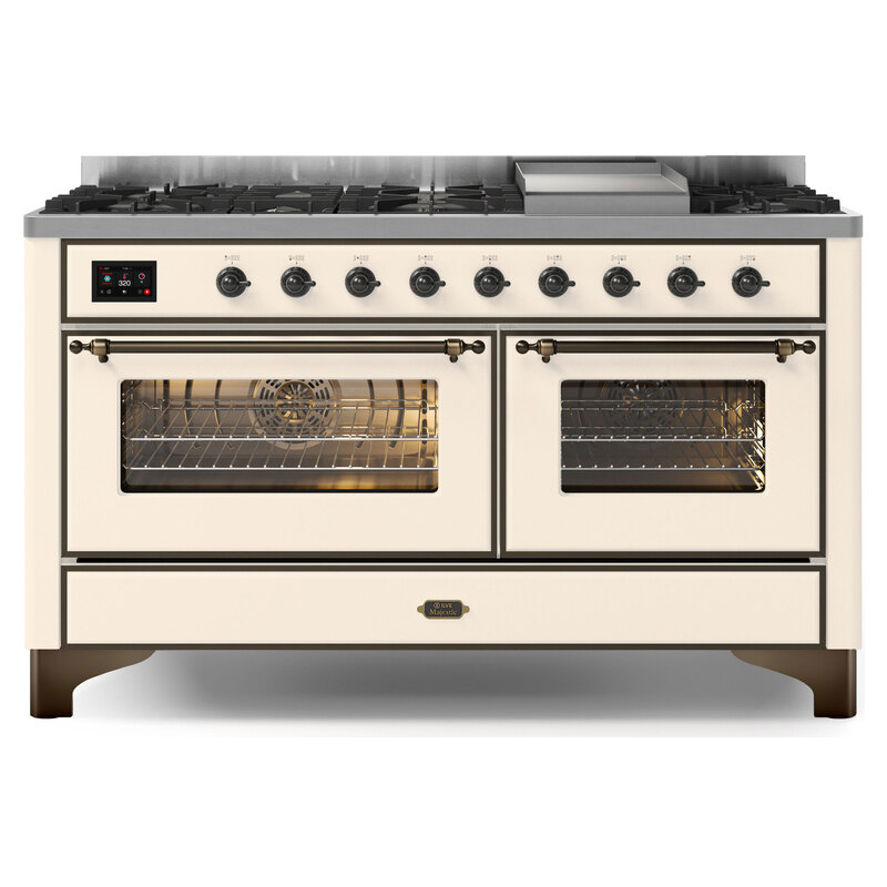 ILVE UM15FDNS3AWBLP Majestic II 60" Dual Fuel Range (Liquid Propane, Triple Glass Door, Antique White, Burnished)