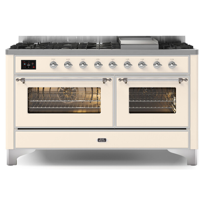 ILVE UM15FDNS3AWCLP Majestic II 60" Dual Fuel Range (Liquid Propane, Triple Glass Door, Antique White, Chrome)