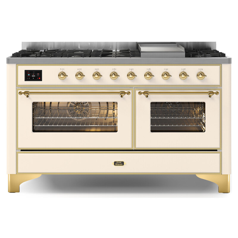 ILVE UM15FDNS3AWGLP Majestic II 60" Dual Fuel Range (Liquid Propane, Triple Glass Door, Antique White, Brass)