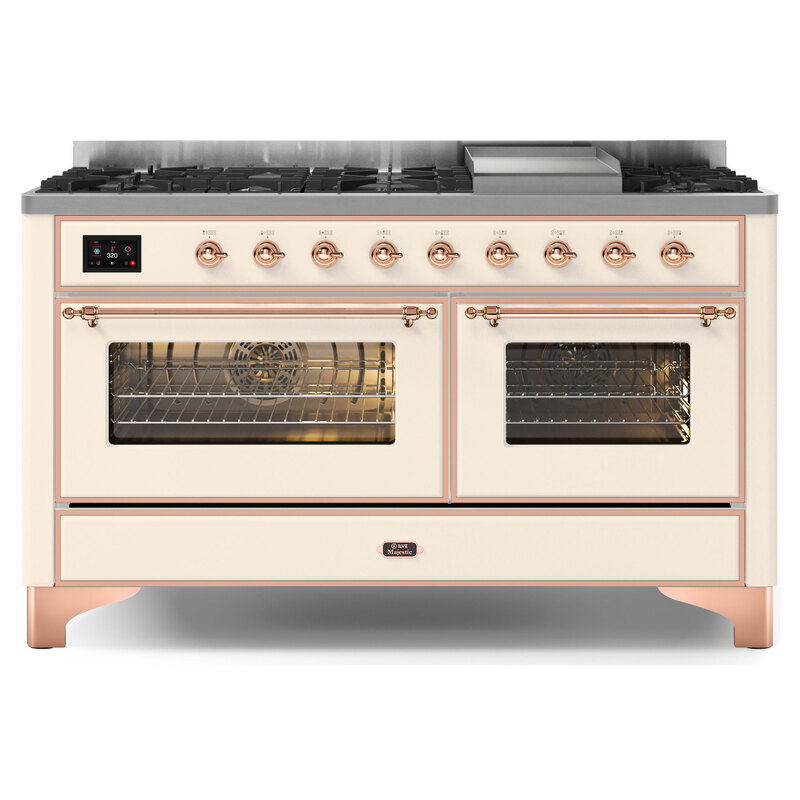 ILVE UM15FDNS3AWPLP Majestic II 60" Dual Fuel Range (Liquid Propane, Triple Glass Door, Antique White, Copper)