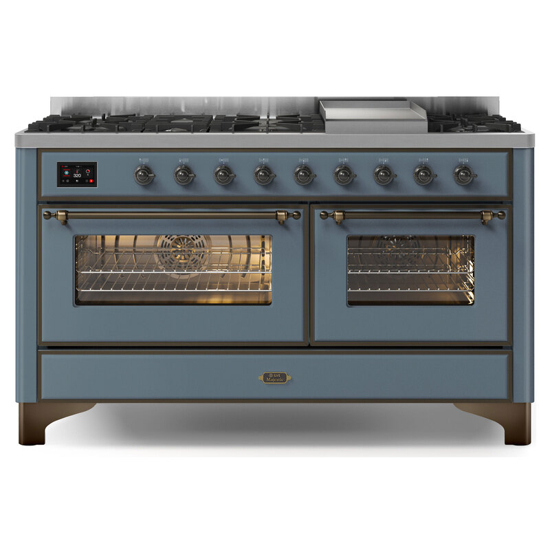 ILVE UM15FDNS3BGBLP Majestic II 60" Dual Fuel Range (Liquid Propane, Triple Glass Door, Blue Grey, Burnished)