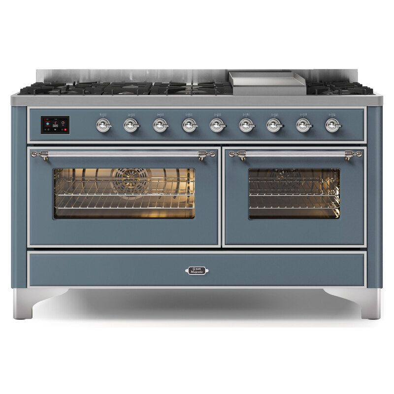 ILVE UM15FDNS3BGCLP Majestic II 60" Dual Fuel Range (Liquid Propane, Triple Glass Door, Blue Grey, Chrome)