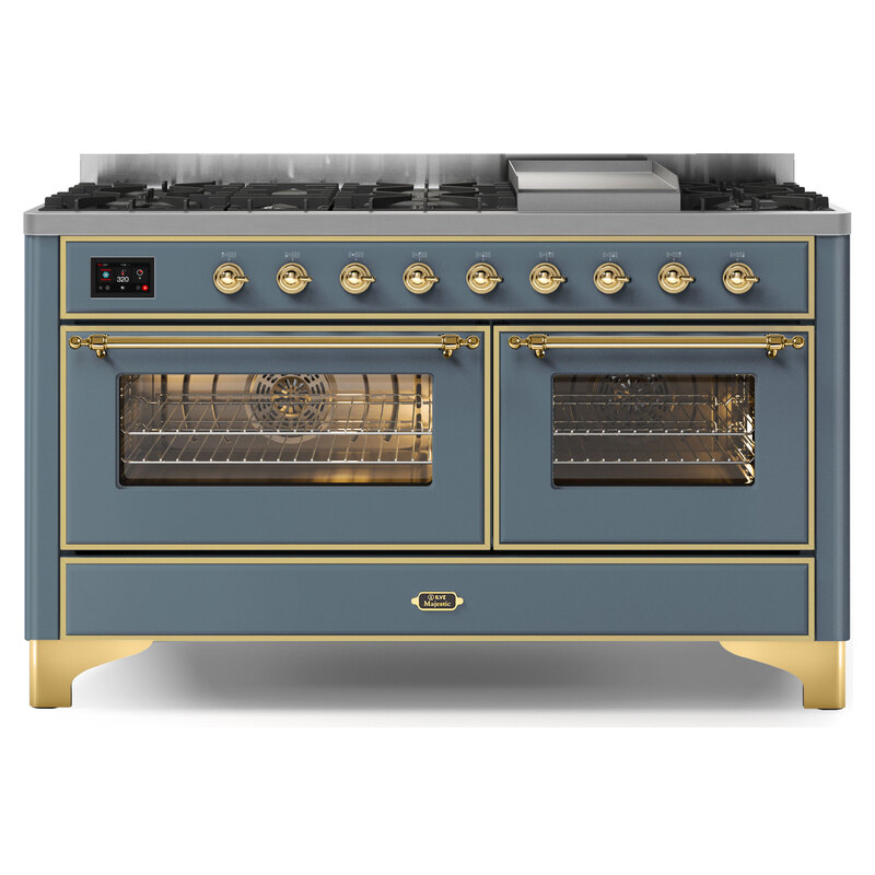 ILVE UM15FDNS3BGGLP Majestic II 60" Dual Fuel Range (Liquid Propane, Triple Glass Door, Blue Grey, Brass)