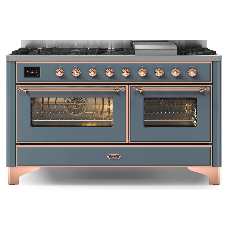 ILVE UM15FDNS3BGPLP Majestic II 60" Dual Fuel Range (Liquid Propane, Triple Glass Door, Blue Grey, Copper)