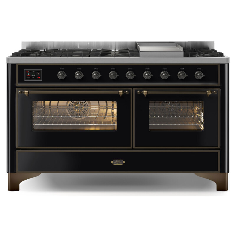 ILVE UM15FDNS3BKB Majestic II 60" Dual Fuel Range (Natural Gas, Triple Glass Door, Glossy Black, Burnished)