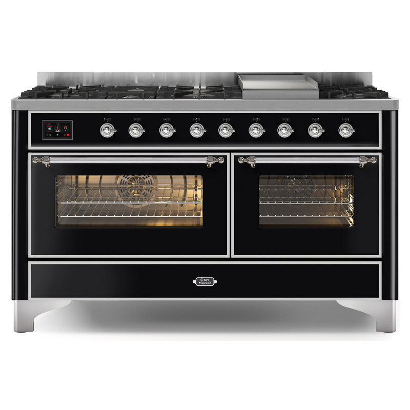 ILVE UM15FDNS3BKCLP Majestic II 60" Dual Fuel Range (Liquid Propane, Triple Glass Door, Glossy Black, Chrome)