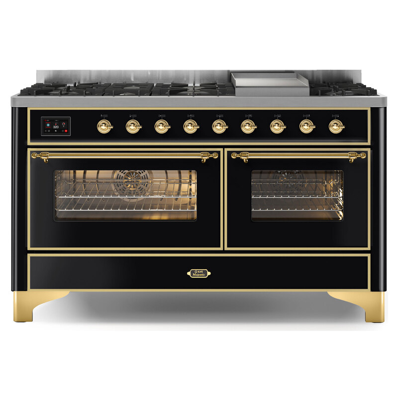 ILVE UM15FDNS3BKGLP Majestic II 60" Dual Fuel Range (Liquid Propane, Triple Glass Door, Glossy Black, Brass)