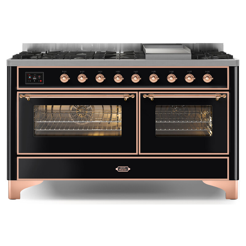 ILVE UM15FDNS3BKPLP Majestic II 60" Dual Fuel Range (Liquid Propane, Triple Glass Door, Glossy Black, Copper)