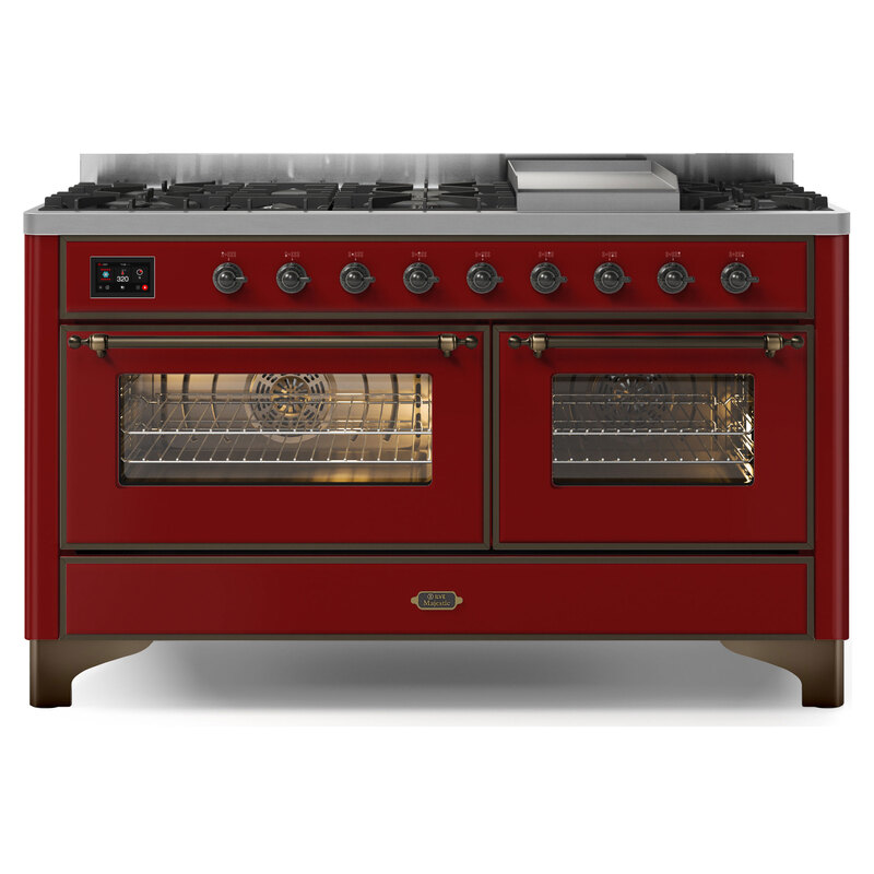 ILVE UM15FDNS3BUBLP Majestic II 60" Dual Fuel Range (Liquid Propane, Triple Glass Door, Burgundy, Burnished)