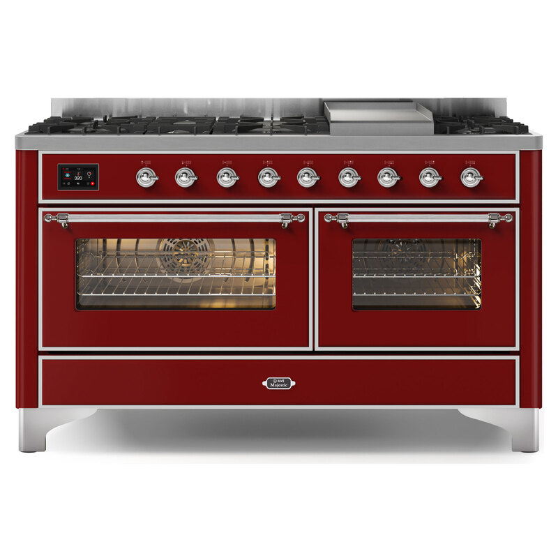 ILVE UM15FDNS3BUCLP Majestic II 60" Dual Fuel Range (Liquid Propane, Triple Glass Door, Burgundy, Chrome)