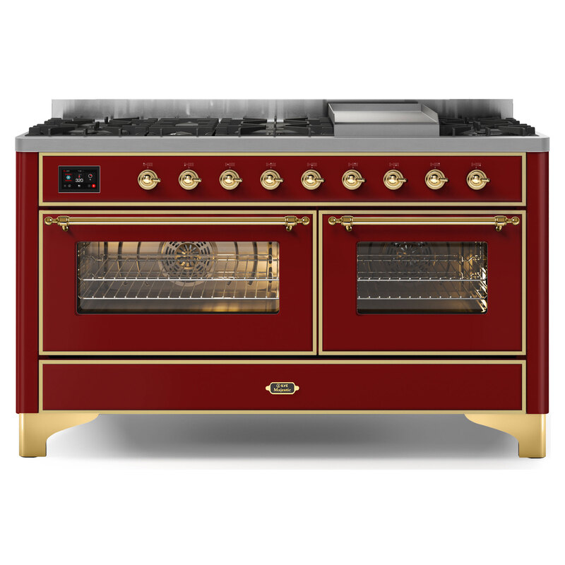 ILVE UM15FDNS3BUGLP Majestic II 60" Dual Fuel Range (Liquid Propane, Triple Glass Door, Burgundy, Brass)