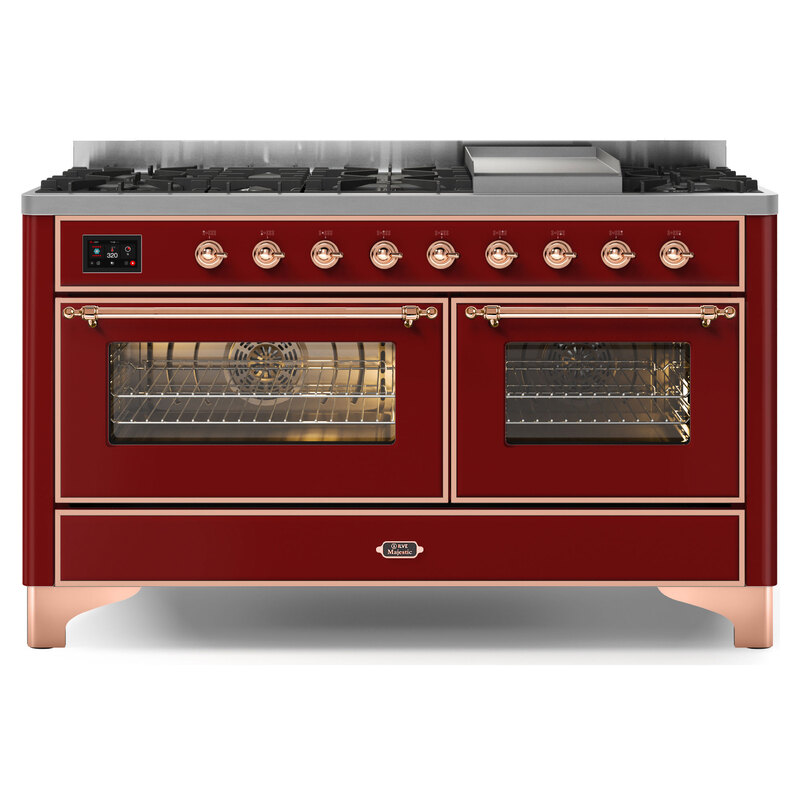 ILVE UM15FDNS3BUPLP Majestic II 60" Dual Fuel Range (Liquid Propane, Triple Glass Door, Burgundy, Copper)